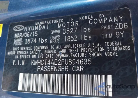 2015 Hyundai Accent Gls from USA, damaged, VIN KMHCT4AE2FU894635